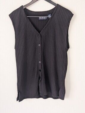 Vintage Weekend Edition Black Ribbed Knit Button Front Vest Top S (Fits L)